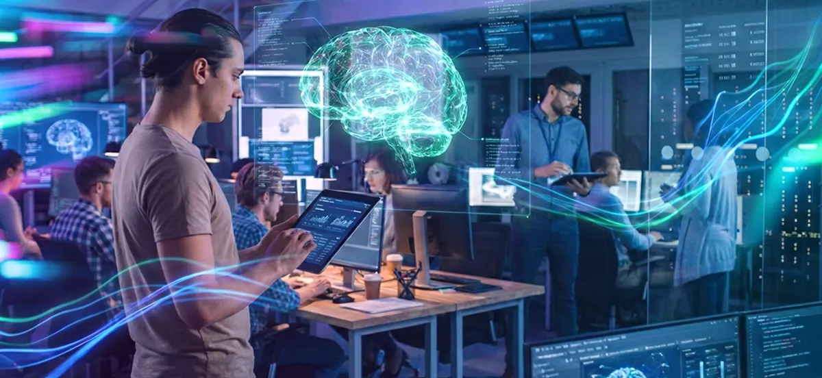 Equipo trabajando con inteligencia artificial generativa y agentes inteligentes