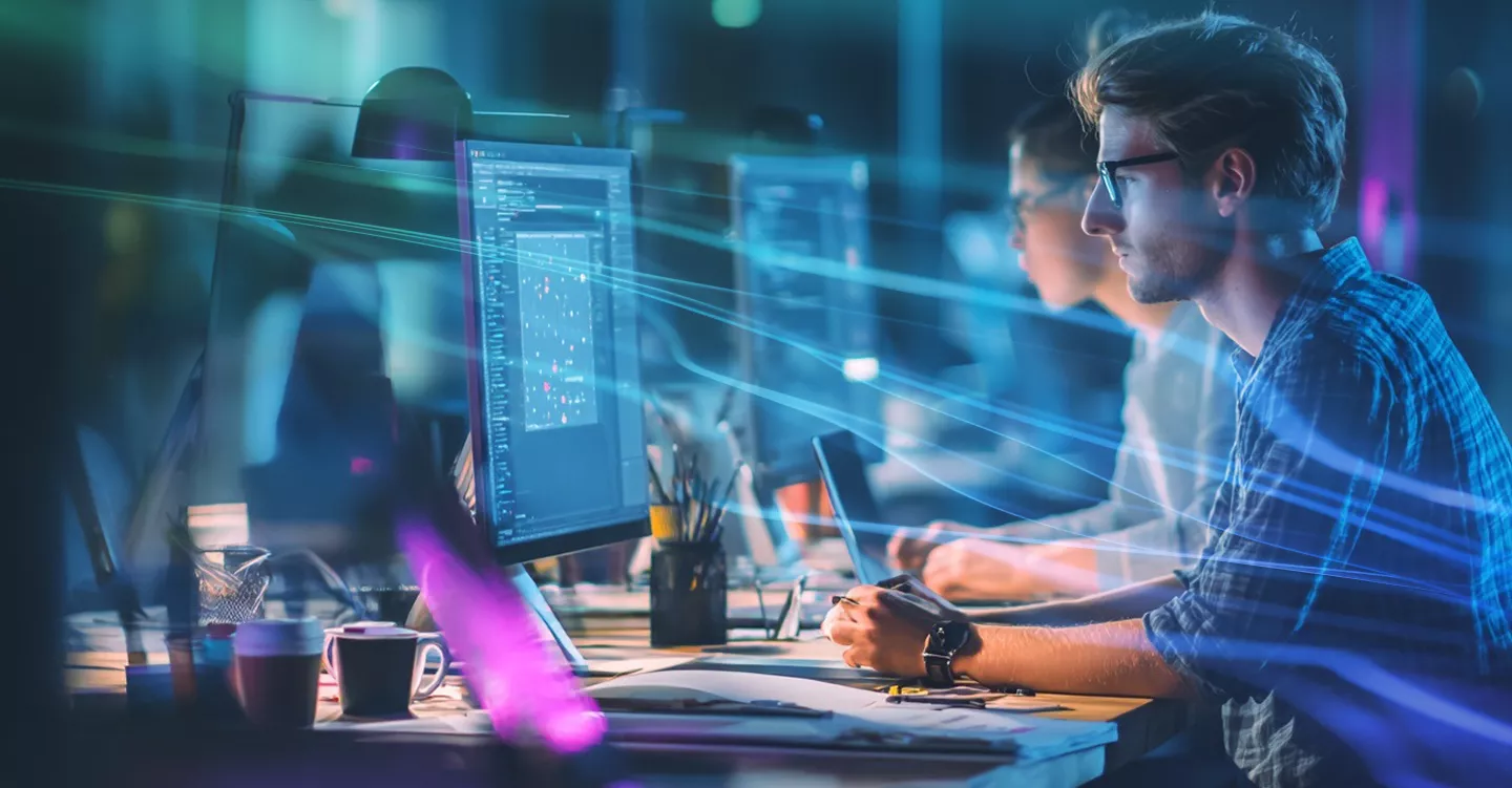 Equipo de trabajo frente a monitores en una oficina nocturna