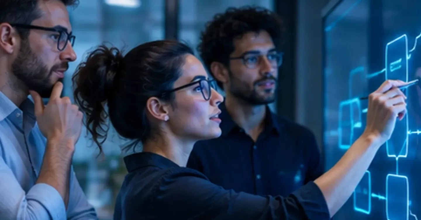 Equipo observando un holograma de inteligencia artificial