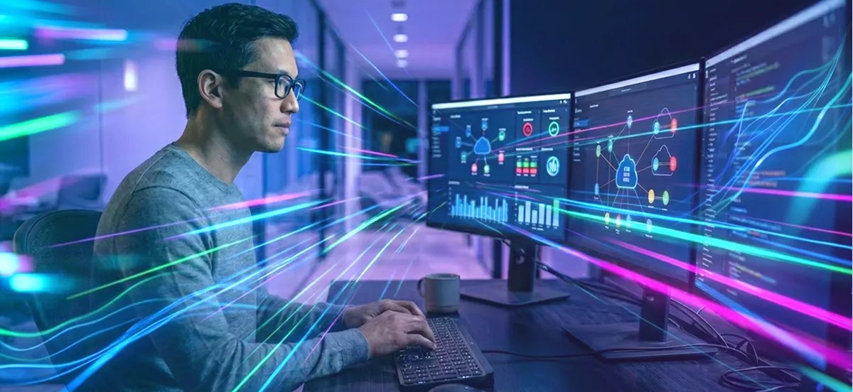 Profesional trabajando frente a monitores con métricas