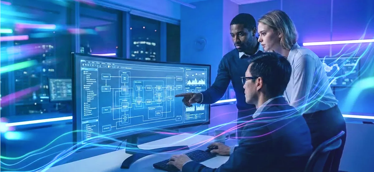 Dos profesionales revisando datos en una pantalla