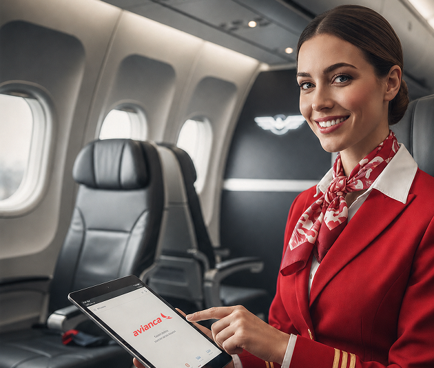 Colaboradora de Avianca usando MiUniforme desde una tableta